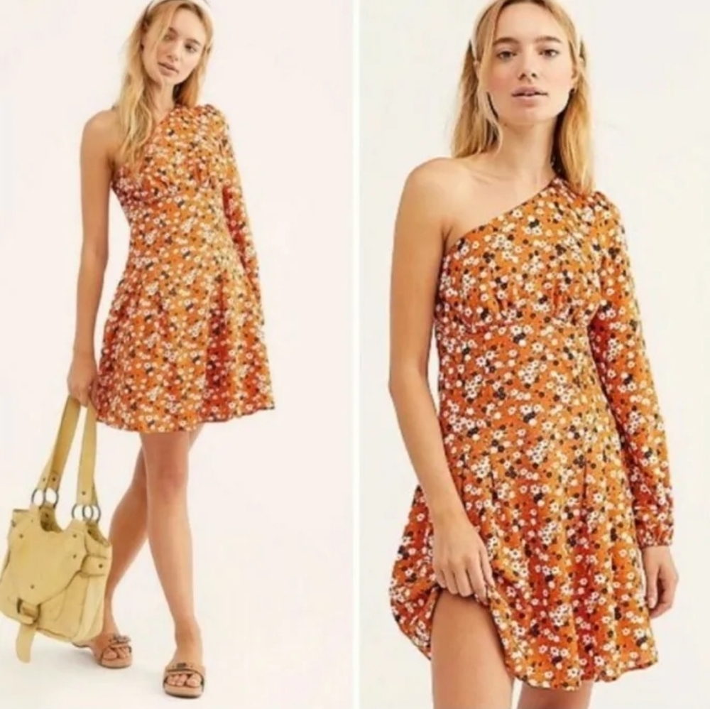 FREE PEOPLE JULES ONE SHOULDER LONG SLEEVE  FLORAL DRESS DARK CHEDDAR SZ 6 SMALL - Picture 2 of 7
